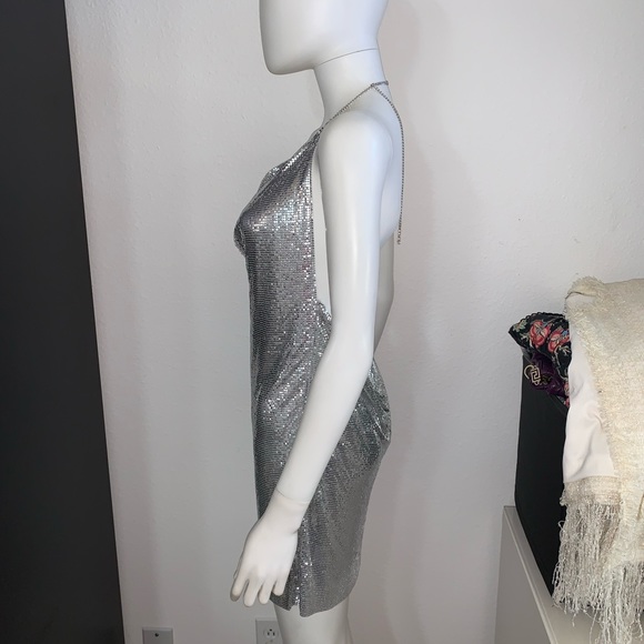 💃 EXPRESS silver chainmail metal mesh halter party dress S M - Picture 6 of 11